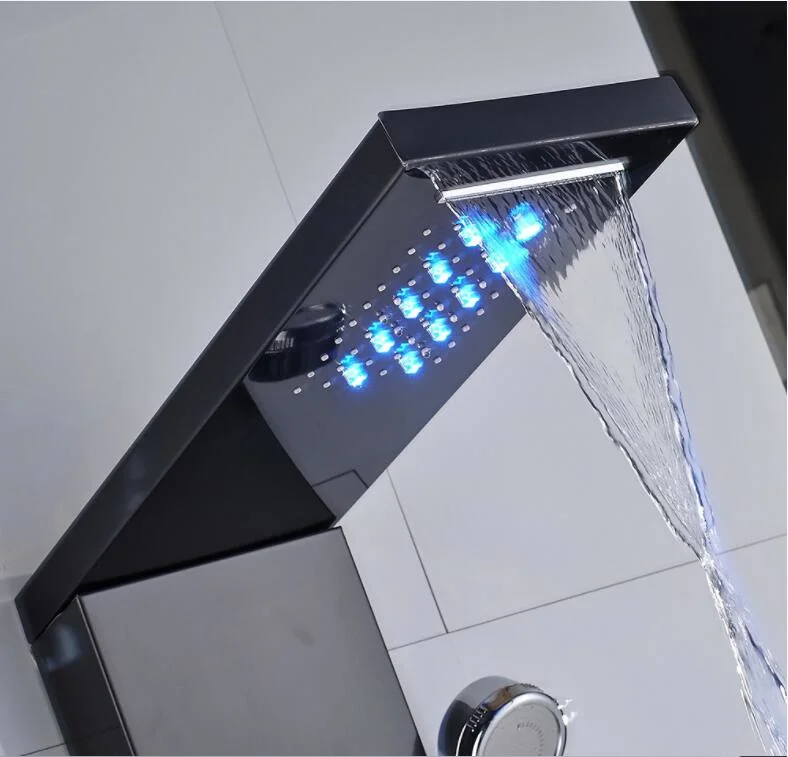 Pared LED columna de ducha lluvia Cascada Ducha pantalla de temperatura Ducha de mano Masaje SPA Jet tres asas Mezclador Juego de machos de roscar grifo