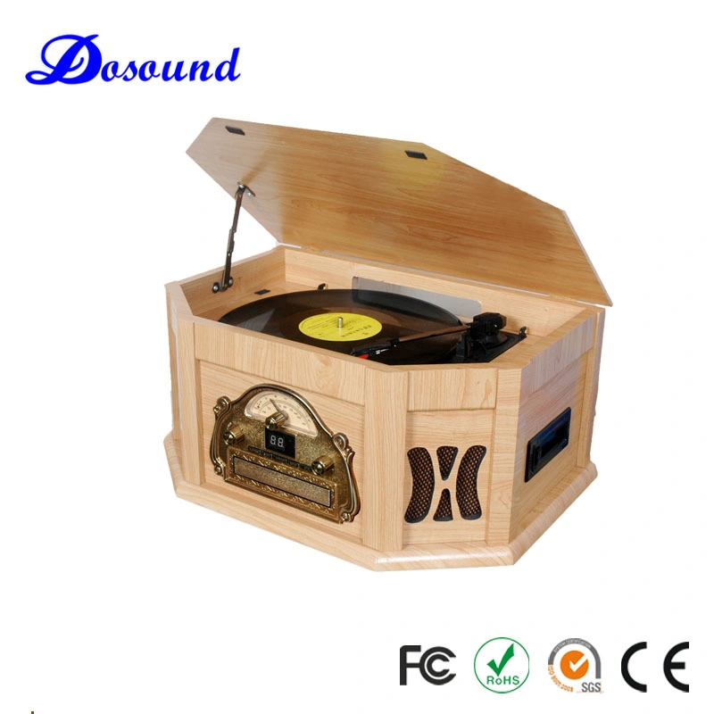 Disques Gramophone et multi-plateau en bois avec entrée auxiliaire, lecteur de CD, radio et cassette FM