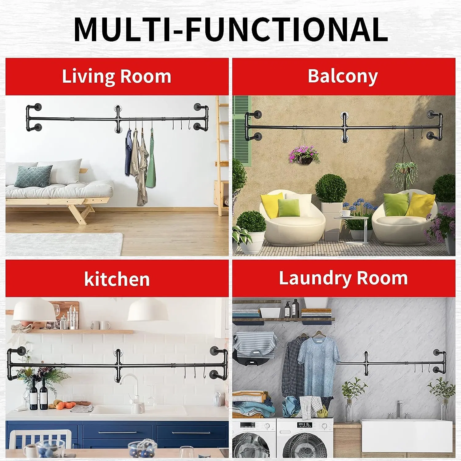 Industrial Pipe Clothing Rack Wall Mounted Clothes Rack Metal Commercial Garment Bar for Laundry Room Deco