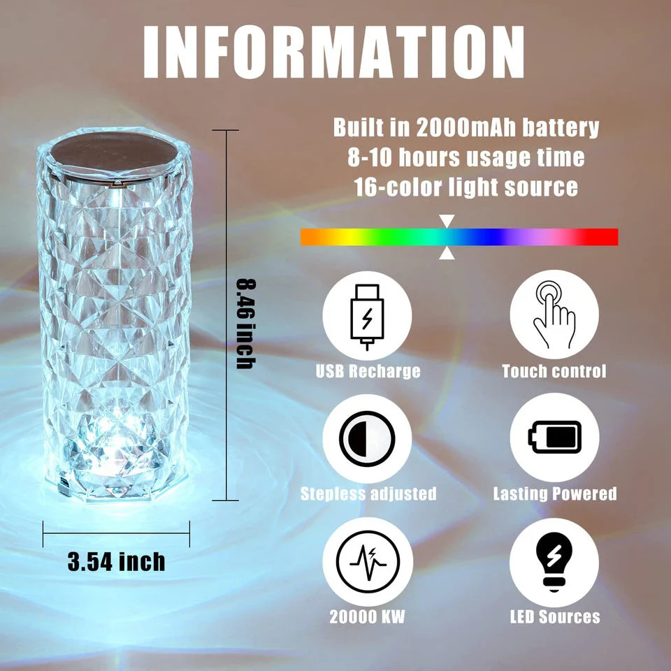 Helius 16 Color Changing RGB Touch Rechargeable LED Crystal Night Table Lamp