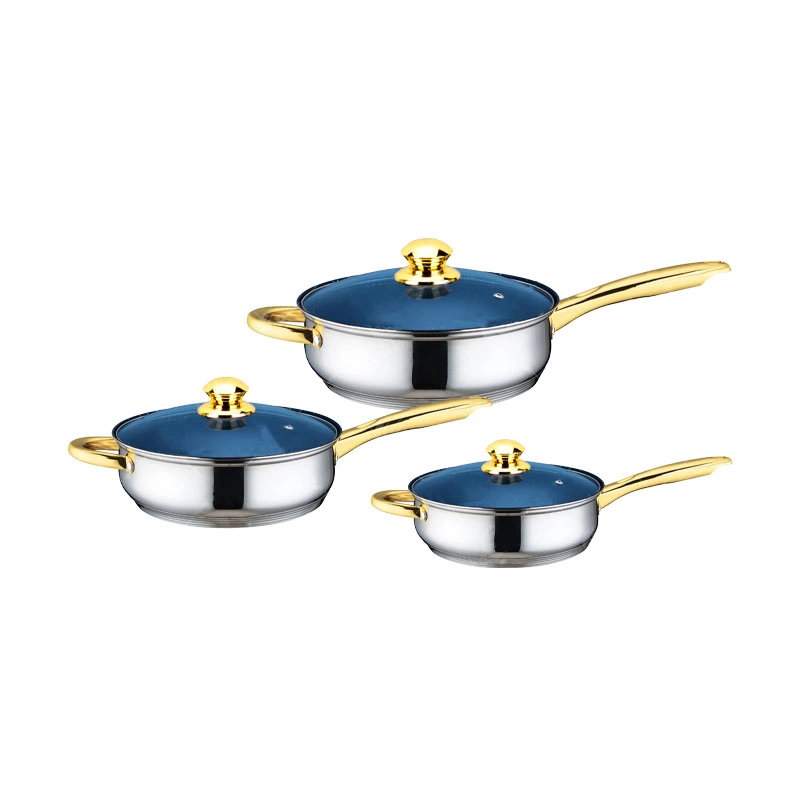 6PCS Ensemble de cuisson à domicile Fry Pan Mexique Brésil Vente chaude Ensemble de batterie de cuisine en acier inoxydable avec couvercle en verre bleu