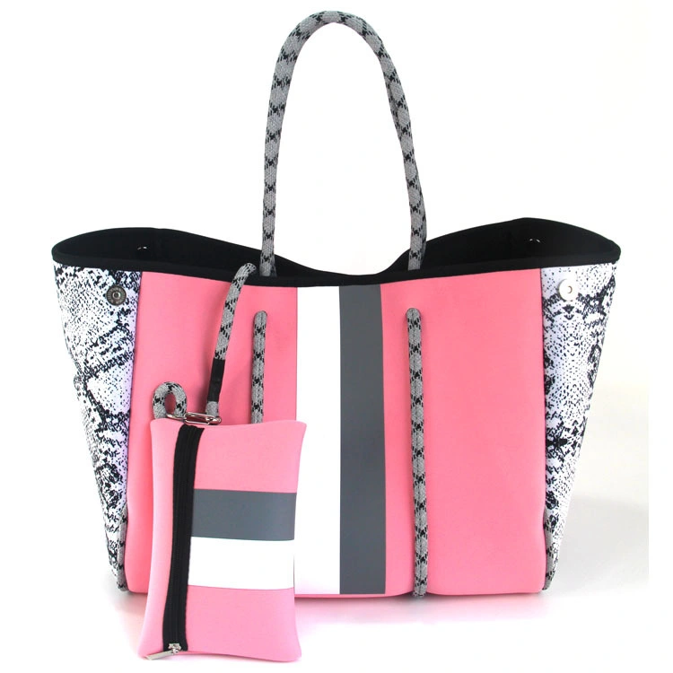 Custom Stripe Design Neoprene Fashion Customized Beach Handbag Waterproof Neoprene Beach Tote Bag