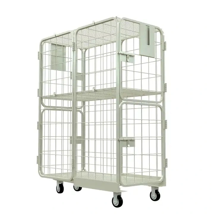 Plastic Base Supermarket Laundry Roll Container Cargo Storage Folding Cage Cart Trolley