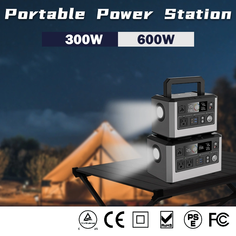 Potente carregador solar elétrico Camping bateria de iões de lítio USB sem fios Fonte de alimentação móvel portátil de 300 W e 600 W com saída CC CA para Portáteis VANT