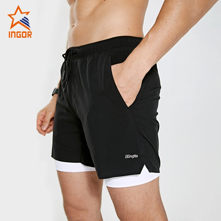 Ingorsports Custom Men 2 in 1 Short with Taped Outer Layer Bottom & Anti Slip Silicone Print Stape at Inner Short & Inner Pocket for Running Workout Training