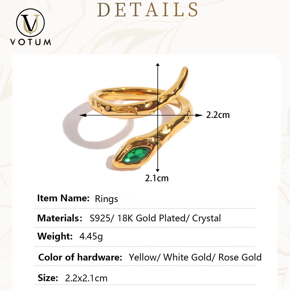 Votum OEM Custom Snake Shape 18K Gold Plated Crsytal 925 Sterling Silver Ring Jewelry