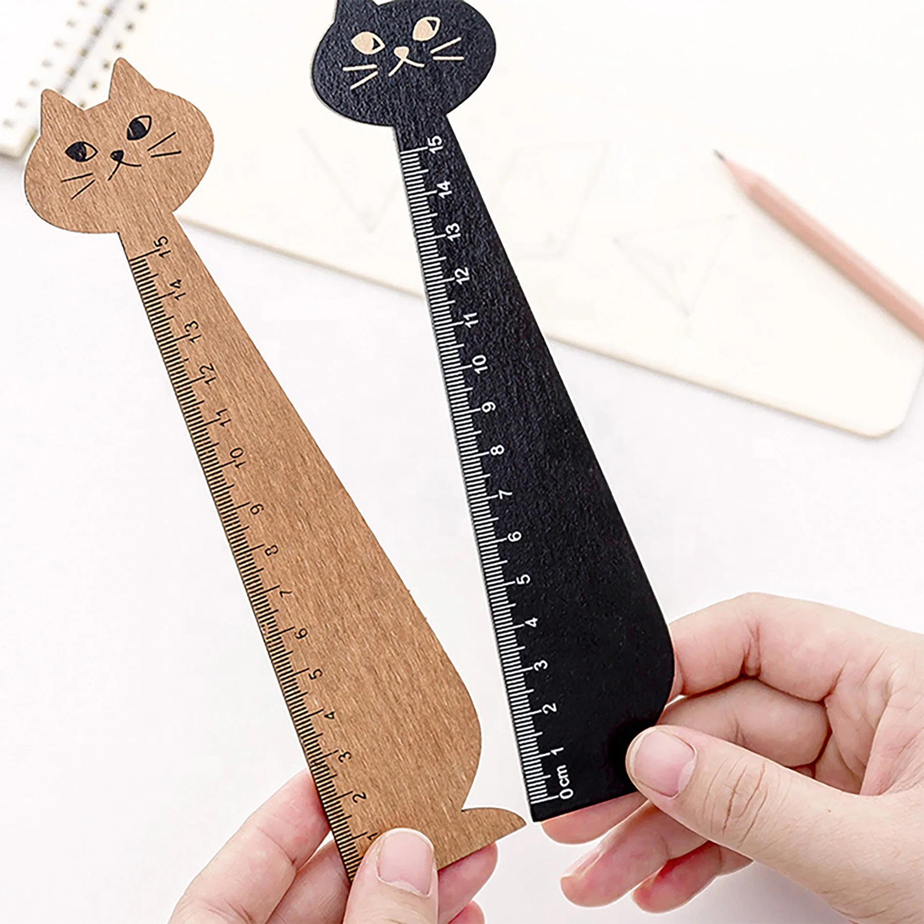 School 15cm Scale Cartoon Kawaii Cat Shape Solid Wood Measuring Ruler for Kids