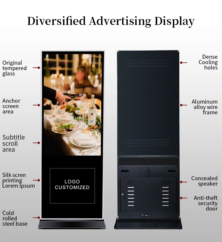 مشغل وسائط LCD للحامل الأرضي Android Display Monitor Interactive Digital شاشة الإعلانات العمودية لكشك اللافتات الإعلانية