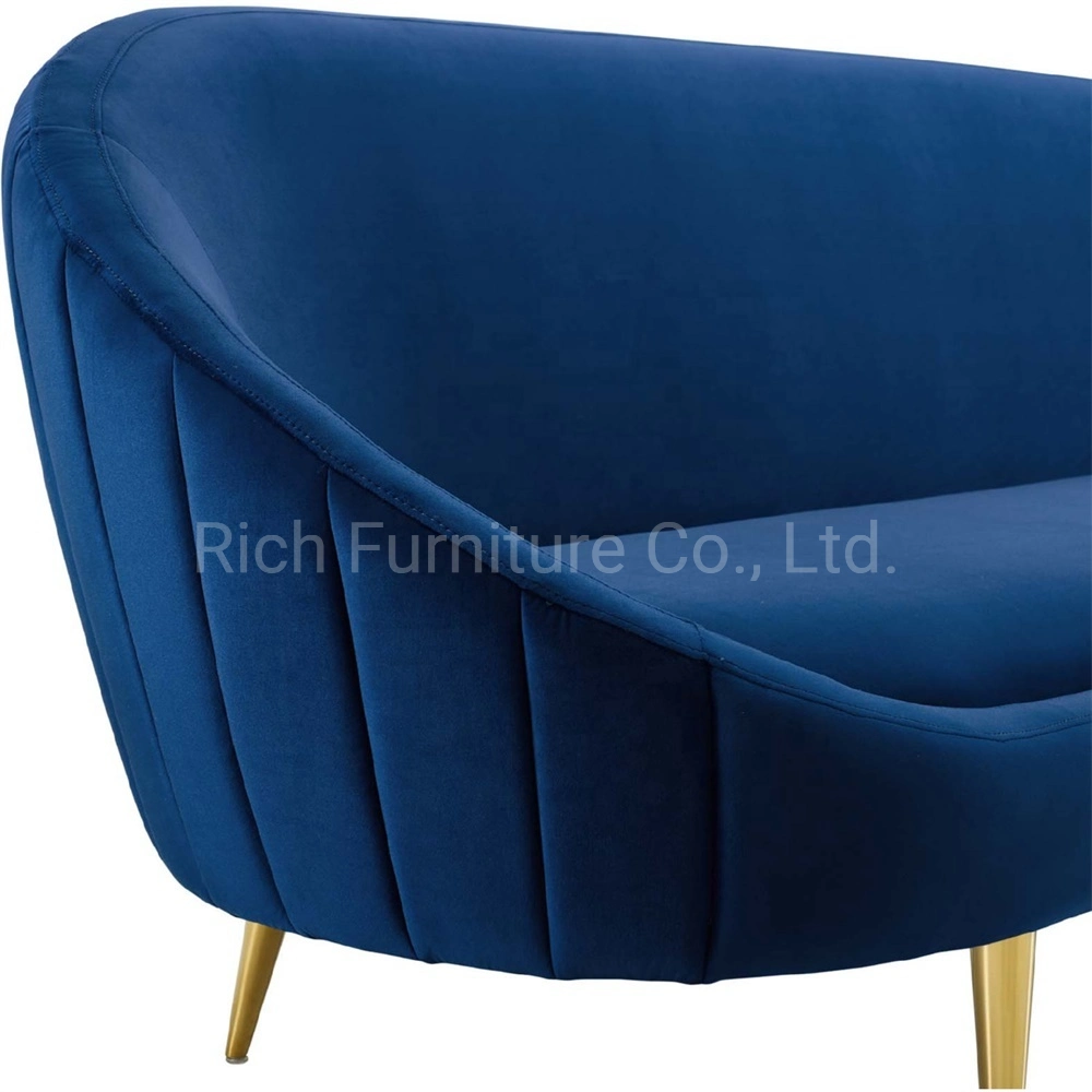 MID Century Wood Frame Navy Blue Velvet Covers Sofa 3 Seater Couch for Hotel Using