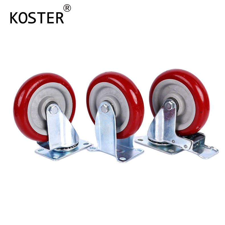 Factory Direct Sale 125mm 5 Inch Red Wheel Caster PVC Industrial Caster Wheels with Brake