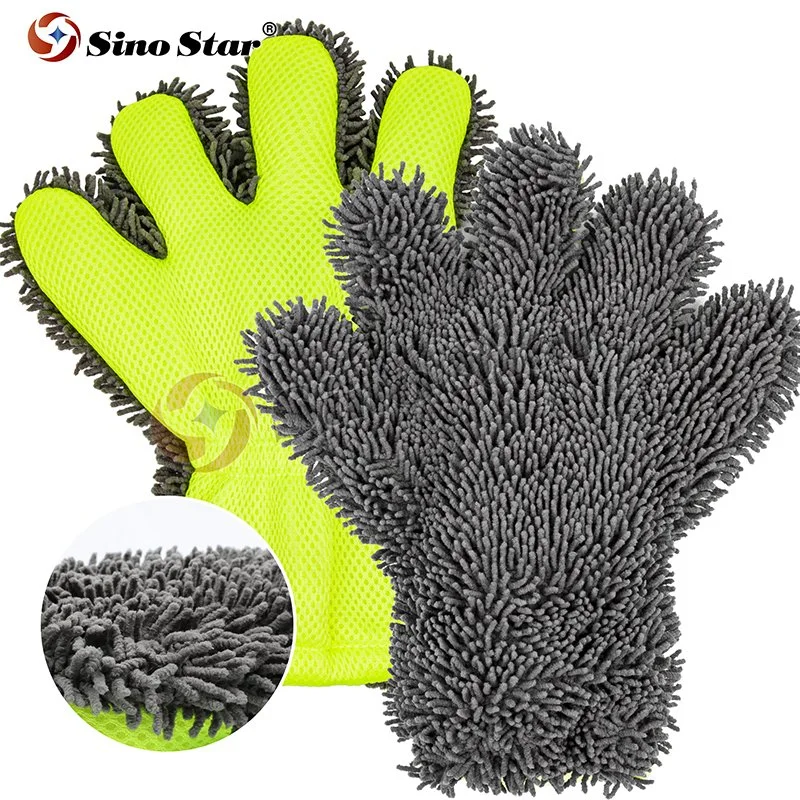 Double Side Car Cleaning Gloves Microfiber 5 Fingers Hand Shape Car Was Mitt Chenille Mitt Gloves