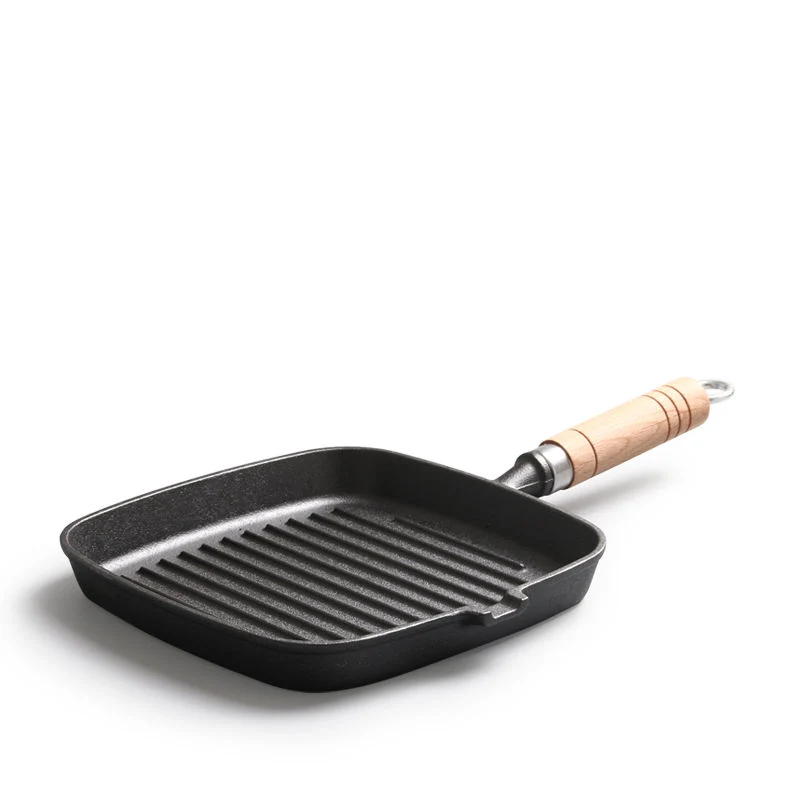 Square Grill Pan BBQ Skillet Cast Iron Frying Pan with Wood Handle Utensils