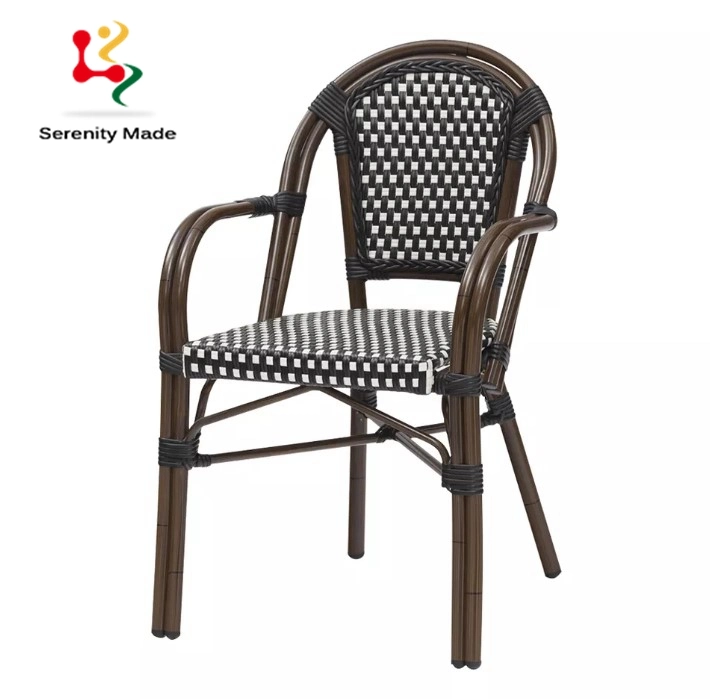 Outdoor Restaurant Furniture Coffee Shop Cafe Aluminium Frame PE Rattan with Armrest Leisure Dining Table Chair Set