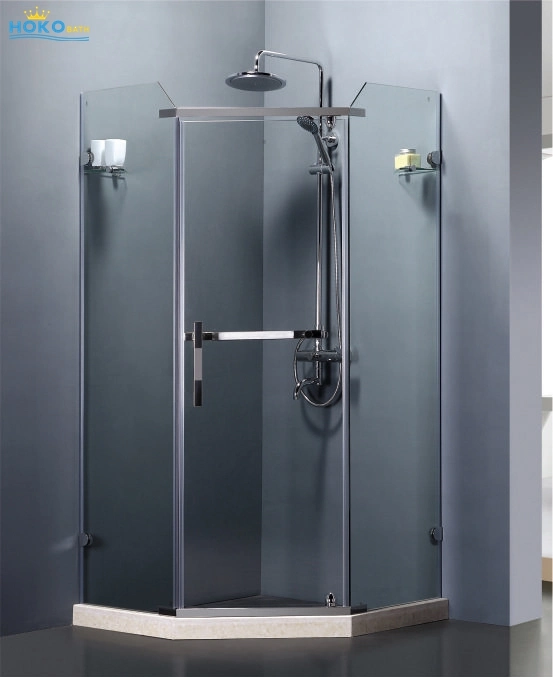 L-Shape Pivot Hinge Opening Frameless Bathroom Shower Enclosure with Acrylic Tray