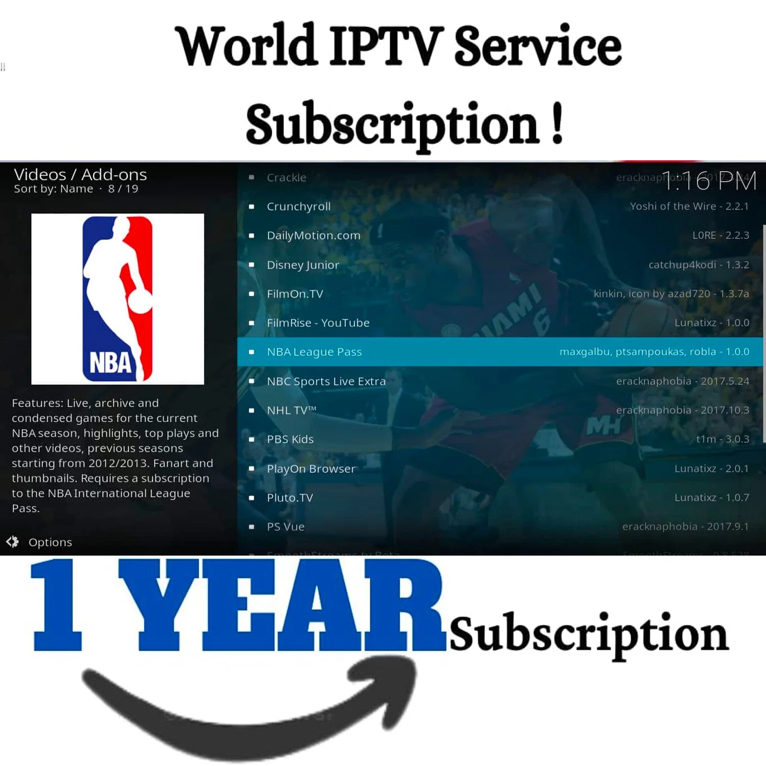 1 Year IPTV Subscription Includes NBA Channels All Europe Us UK Italy Germany Australia Israel Available on All Devices Free Trial Code