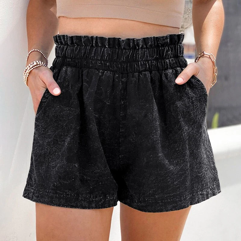 2024 New Product Black Retro Bleach-Washed Ruffled Elastic High Waist Women Denim Mujer Jeans Shorts