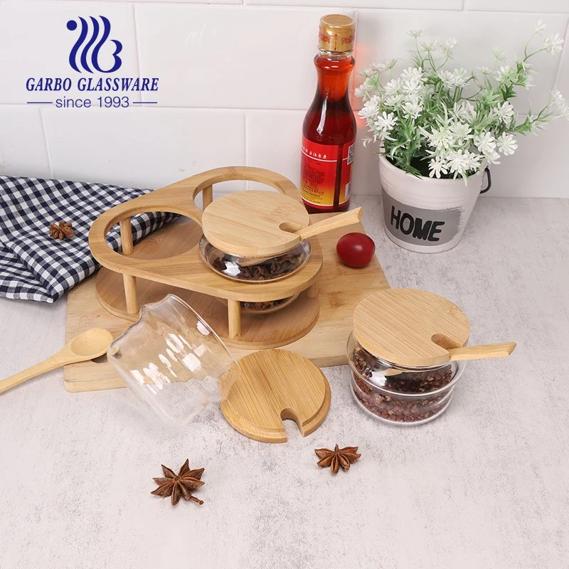 Vidrio de borosilicato condimento frasco con tapa de la cuchara de madera y vidrio claro condimento Storage Jar menaje de cocina