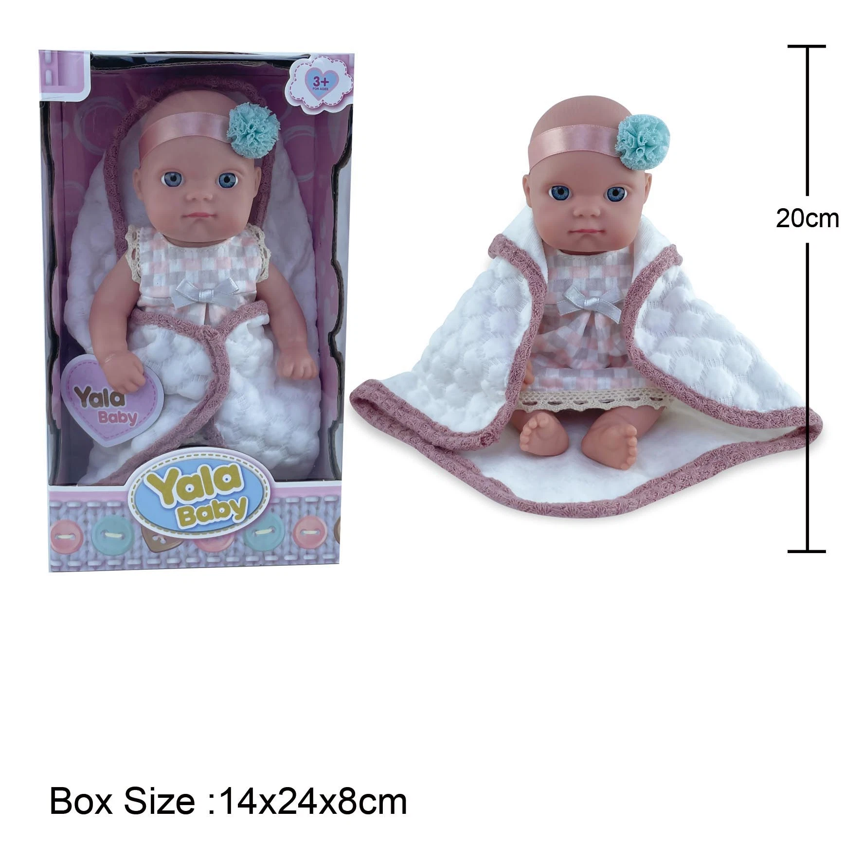 New 8" Good Quality Lovely Face Toddler Baby PVC Mini Doll with Fashion Fabric Blanket