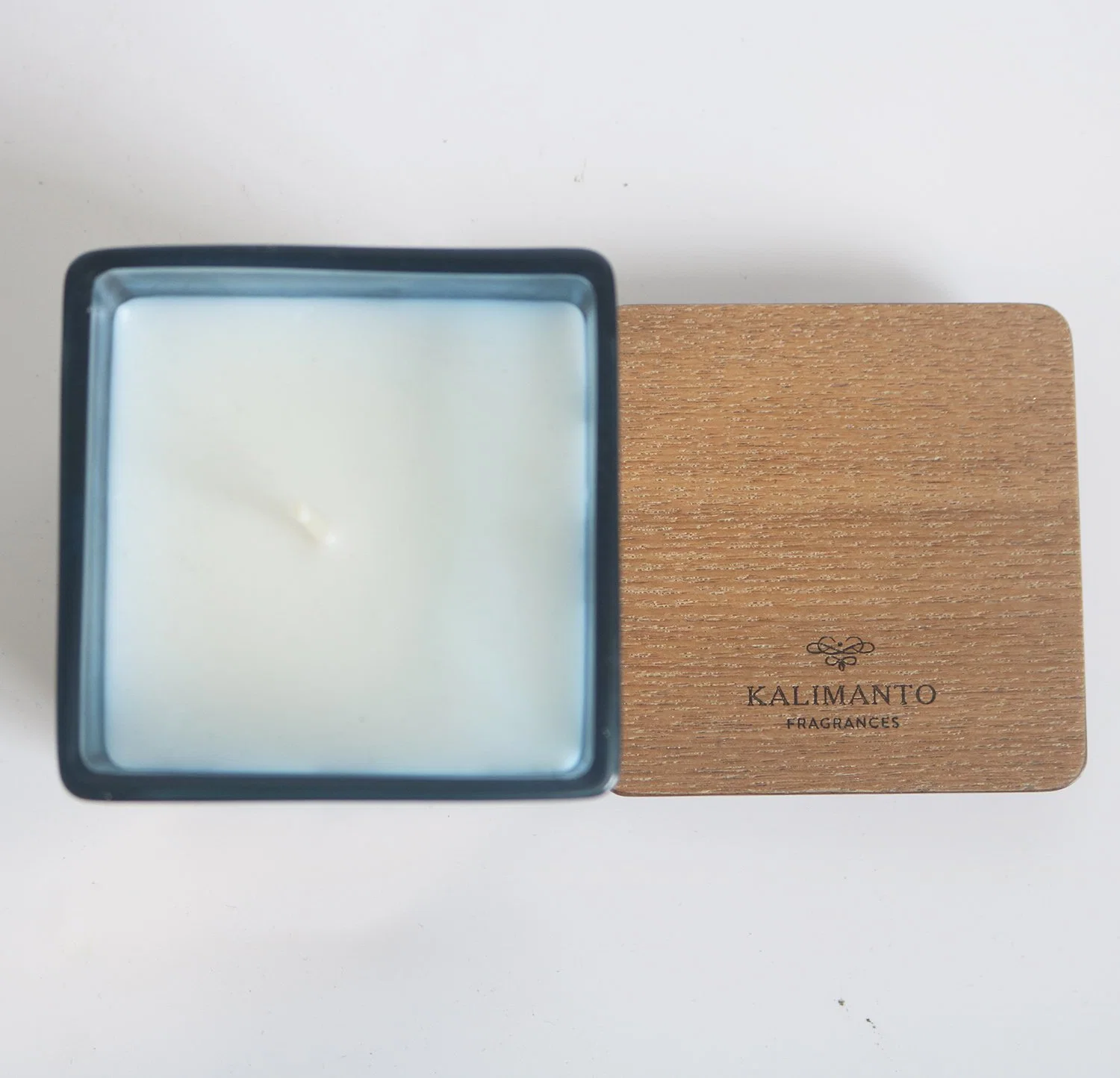 Luxury Golden Leaf Blue Square Glass Candle with Wooden Lid