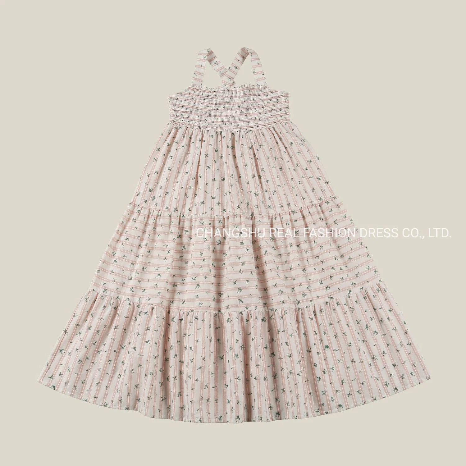 Children Clothes Woven Girl Kids Pink White Printed Dress Wear with Smoking Stitching and Shoulder Straps