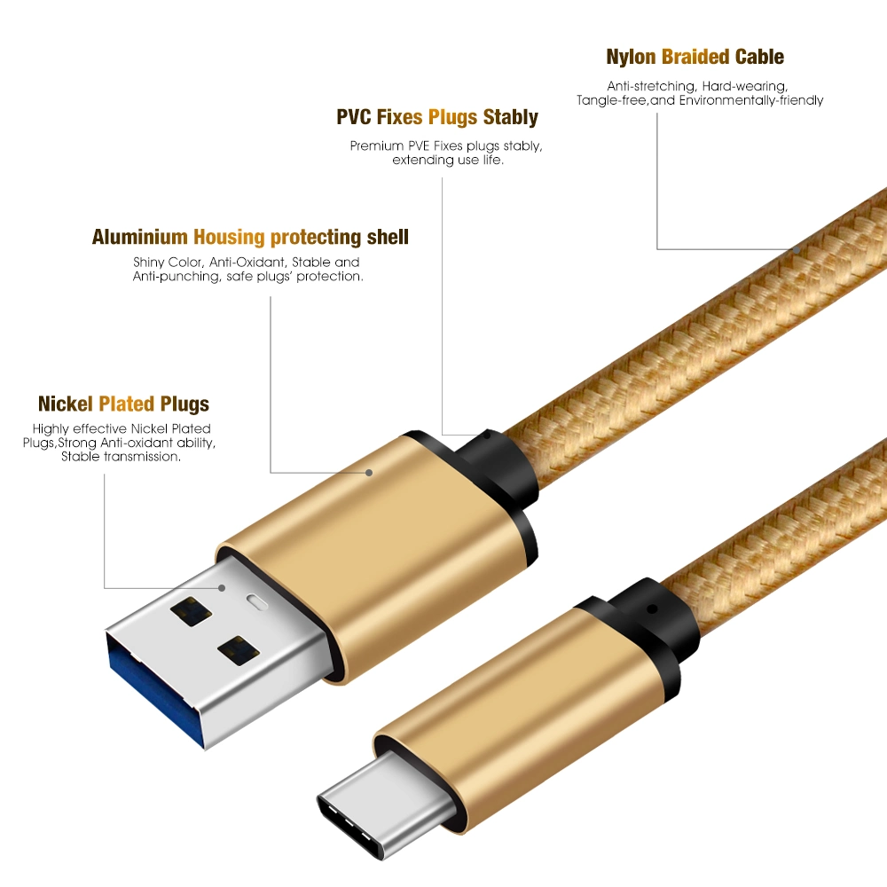 USB a USB 3.0 tipo C, 3m de cable de soporte de carga rápida de 3A y 5Gbps de trasferencia de datos de nylon trenzado y carcasa de aluminio.