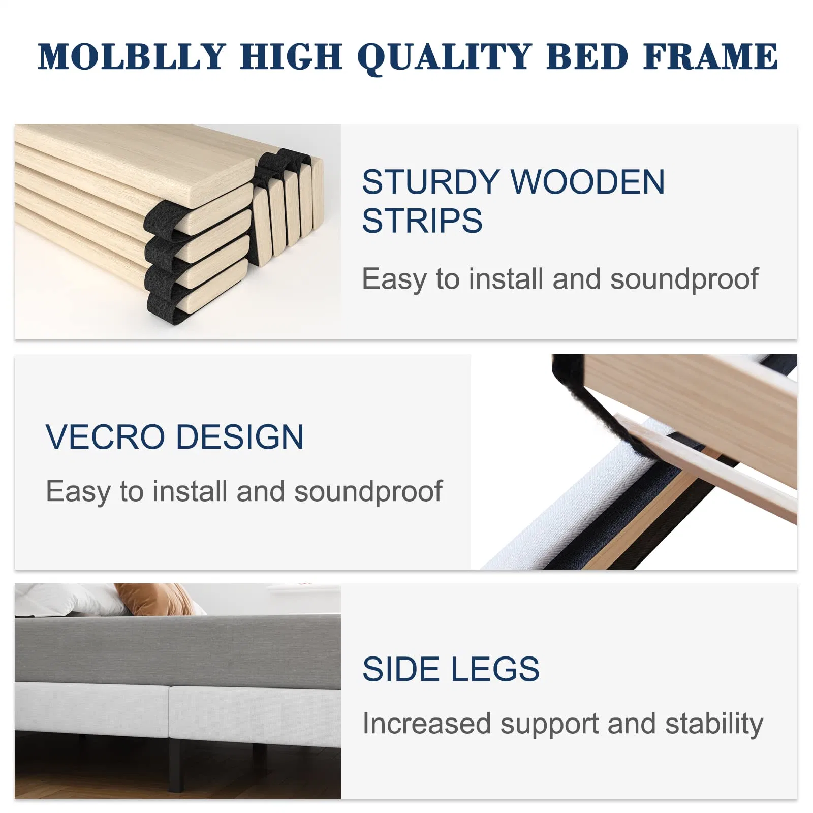 Queen Bed Frame with Upholstered Flannel Platform, Headboard and Sturdy Wood Strip, Strong Weight Capability, Easy to Assemble, White