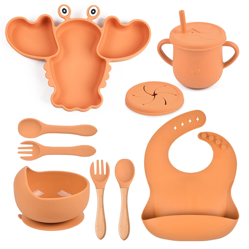 Food-Grade Silicone Baby Dinner Plate Baby Suction Cup Soft Spoon High-Temperature Resistant Water Cup Anti-Falling Bib Set FDA LFGB