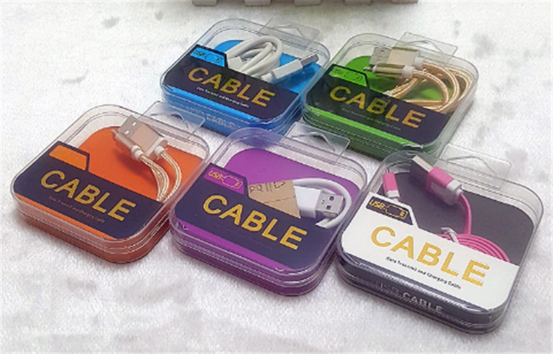 Crystal Transparent Packing Box with Color Paper Card for USB Type C Lightning Android V8 Charging Data Cable