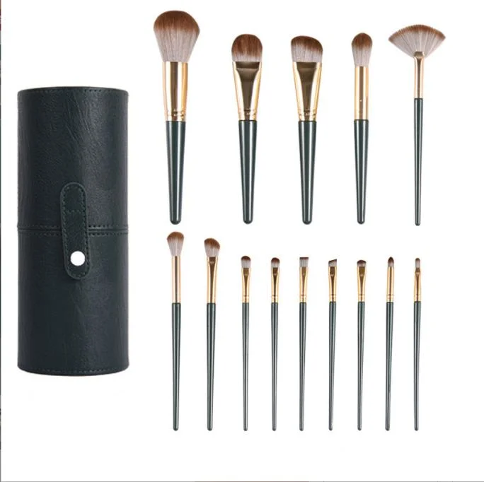 Private Label Hot Selling Cosmetic Brush Tool 14PCS Synthetic Makeup Brushes Green Color Wood Handle Eyeshadow Makeup Brush Set