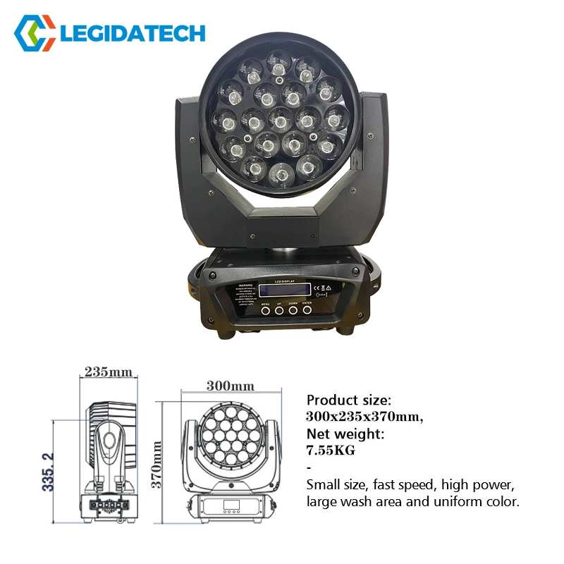 Legidatech LED 5% de descuento en lavar 1915 19x15W Aura Luz estroboscópica LED multicolor Cabezal movible Zoom iluminación de escenarios