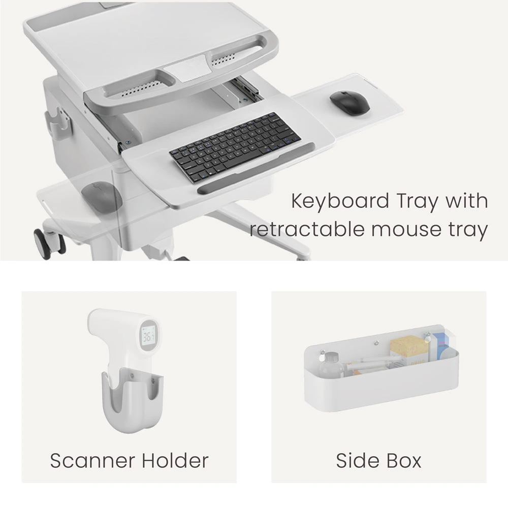 Gas-Lift Medical Cart Mobile Height Adjustable Trolley with Monitor Arm Wheels Keyboard Tray