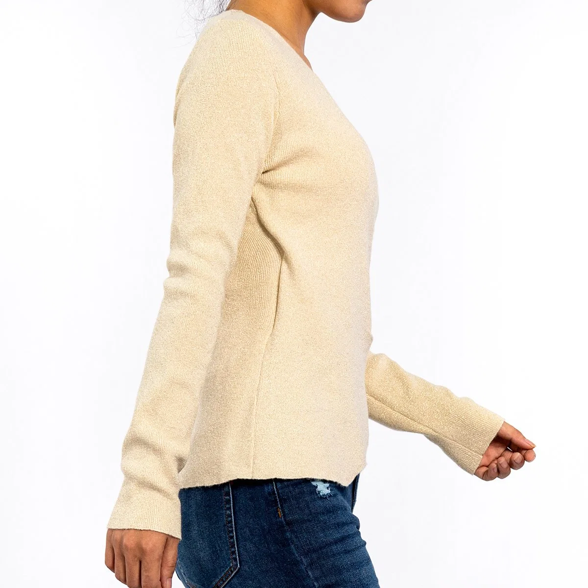 Women's Knitted V-Neck Lurex Yarn Irregular Design Pressed Long Sleeve Pullover Cropped Sweater