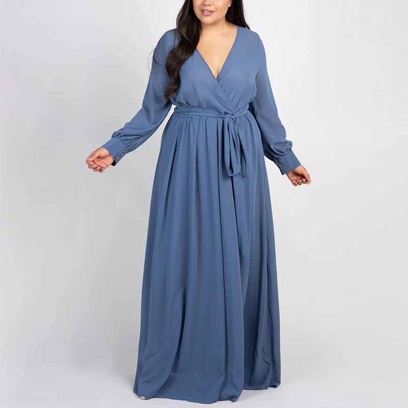 Spring Fashion Blue Chiffon Long Sleeve Pleated Plus Maxi Dress Gowns for Women Evening Dresses