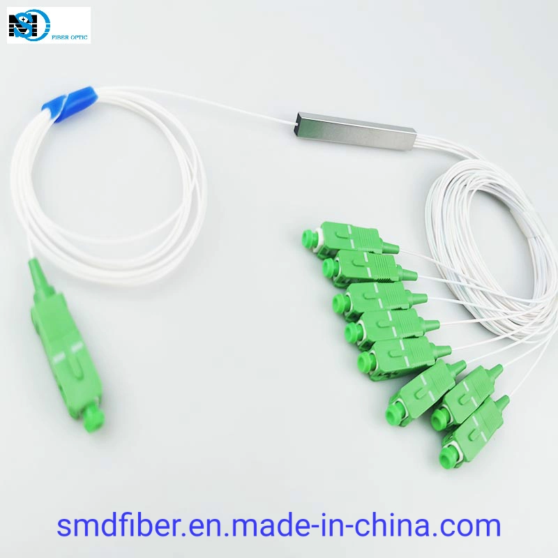 FTTH 1X8 0.9mm Mini Blockless Fiber Optic PLC Splitter with Sc/APC Connector