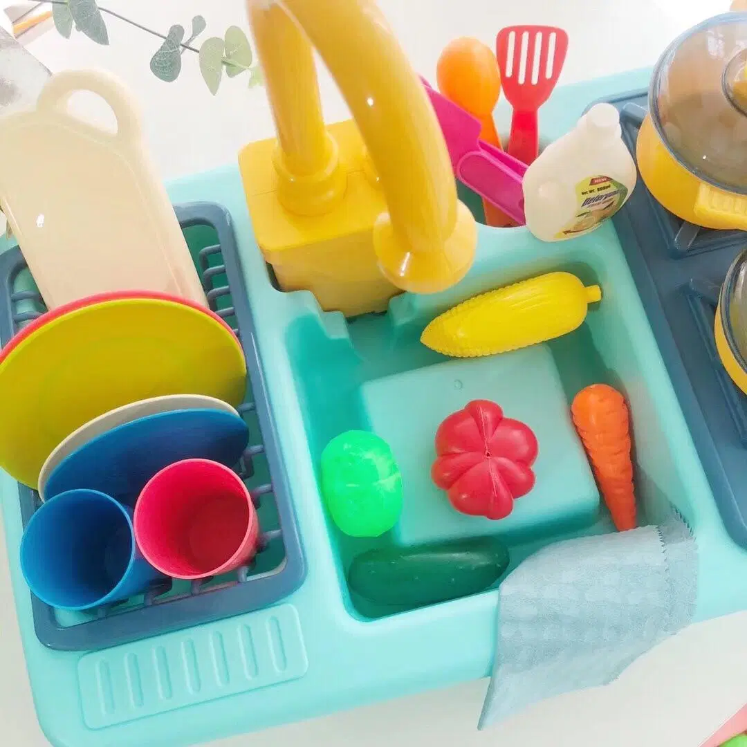 Vorgeben Rollenspiel Automatische Wasserkreislauf System Dish Rack Schneiden Essen Geschirr Zubehör Kinder Küchenspüle Spielzeug Echtes Wasser Spielzeug