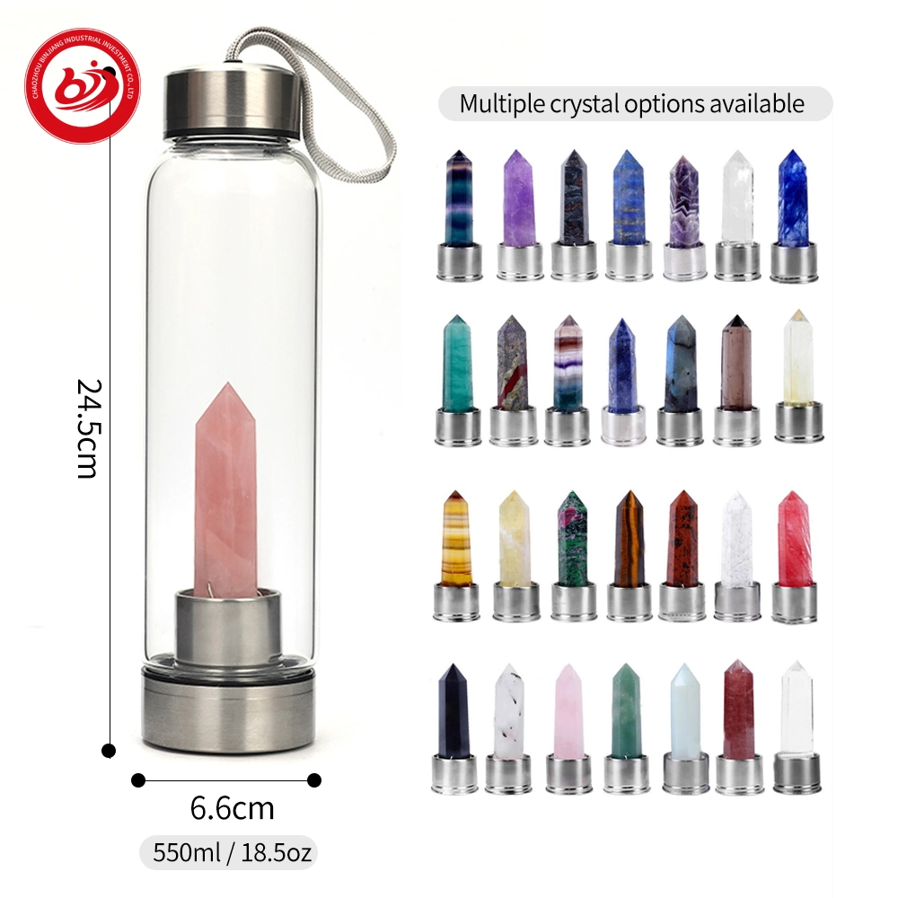 Wholesale Gemstone Custom Durable Glass Stainless Steel Bamboo Crystal Energy Water Bottle with Quartz