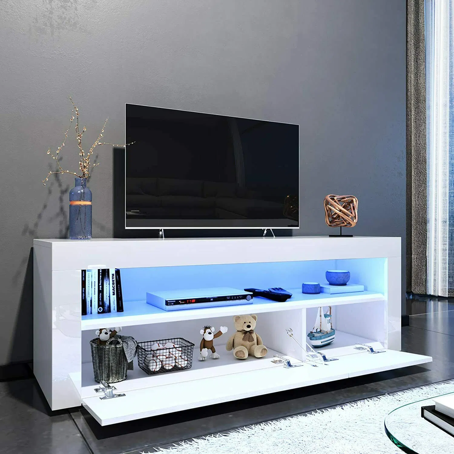 Modern TV Unit Cabinet Stand White High Gloss Door 120cm with LED Lights Drawers