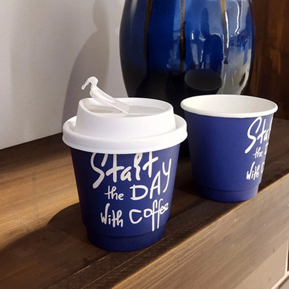 Double Wall Disposable Coffee Cups Disposable Take Away Coffee Milk Tea Paper Cup with Lid Leak-Proof Blue Thickened Home Hot Drink Soy Cup