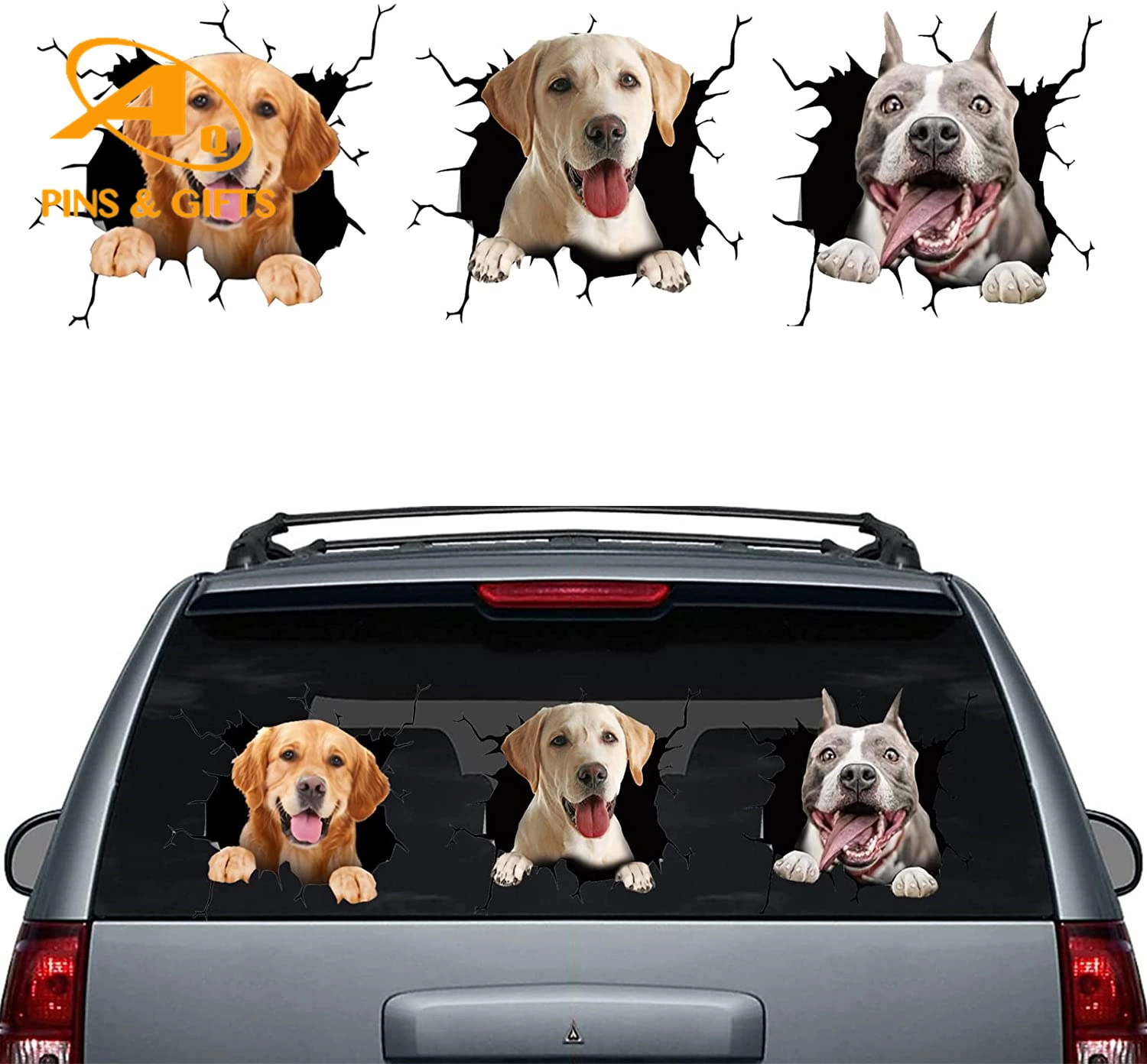 Grieta gracioso perro coche pegatina 3 EQUIPOS, 3D Car Window se aferra el Labrador Golden Retriever Pitbull realista carretilla animales Tatuajes de pared de Vinilo adhesivo estático de mascota en casa de cristal