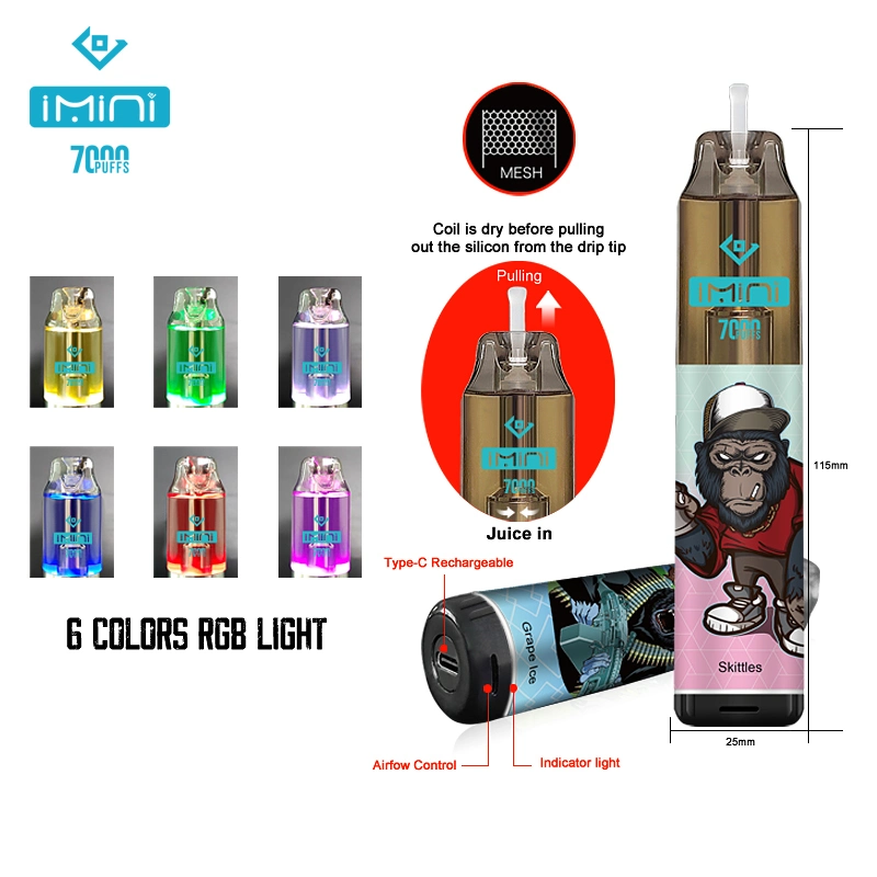 آلة تورنادو 7000 Puts الأصلية 7K Disposable Vape Puten 7000 سيجارة إلكترونية 15 مل قطعة النسيج الشبكي 6 RGB قابلة لإعادة الشحن جهاز قابل للضبط بواسطة الهواء بنسبة 0% 2% 3% 5%