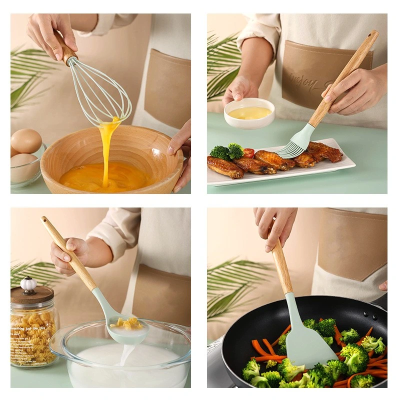 12 Pieces Silicone Kitchen Cooking Tools Kitchen Silicone Cooking Utensils Set with Wooden Handle Silicon Cooking Set Silicon Utensils Cooking Sets Kitchen