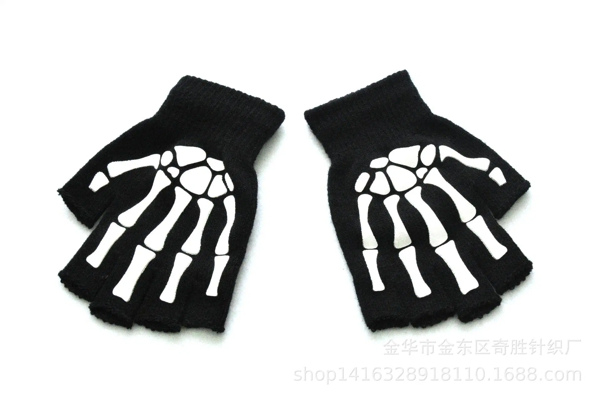 Winter Warm Knitted Half-Fingerhalloween Luminous Fluorescent Skull Hand Claw Printing Cycling Non-Slip Gloves