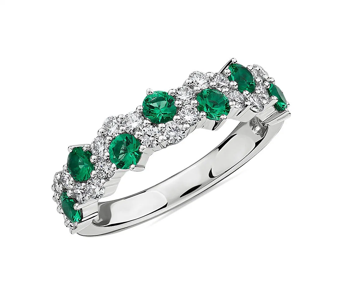 Staggered Emerald and Diamond Ringin 14K White Gold