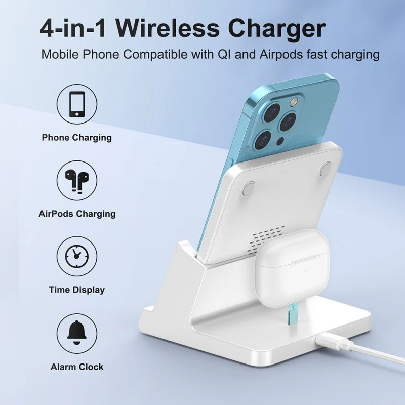 4 in 1 Digital Alarm Clocks for Bedrooms Wireless Smartphone Charger Mobile Phone Watch Charging