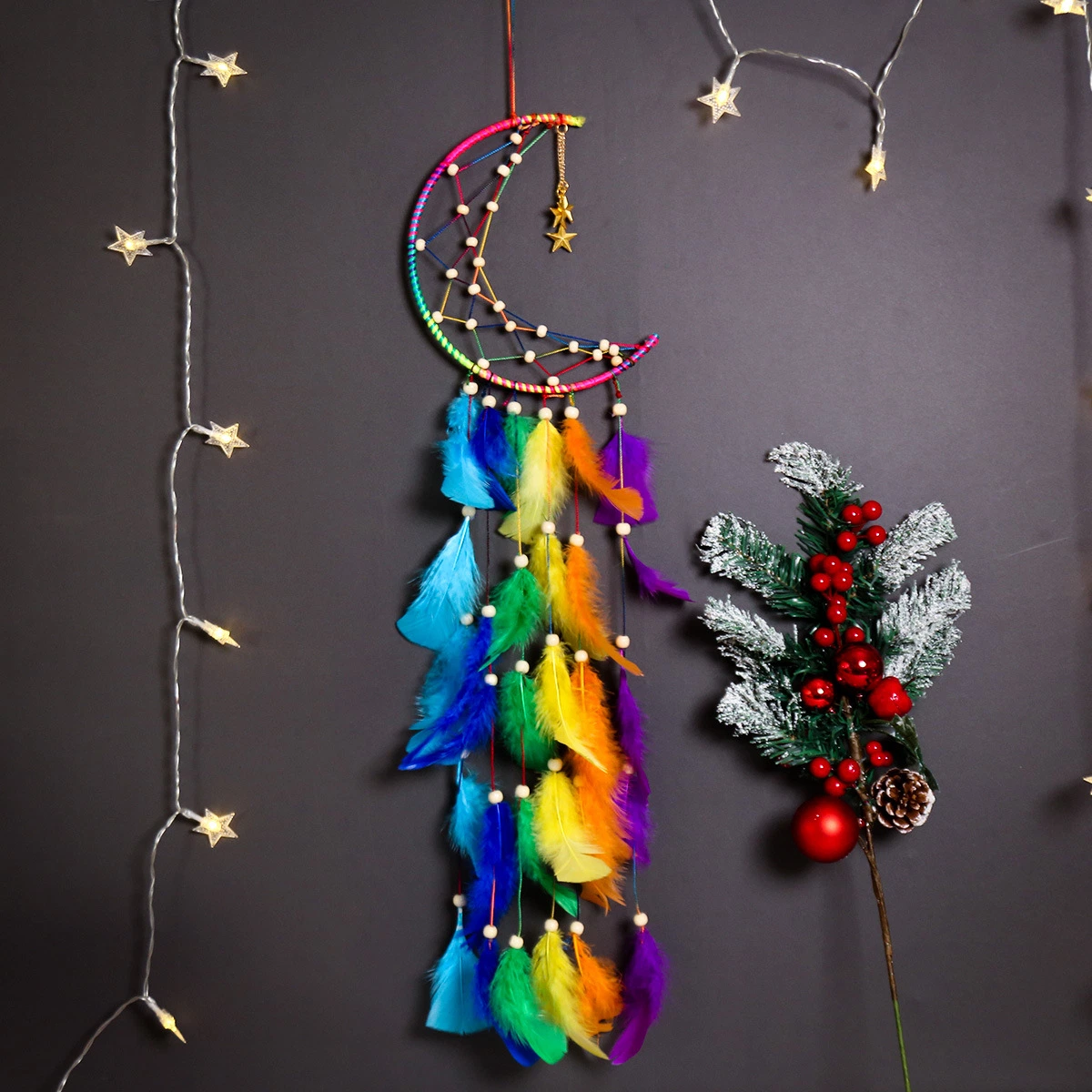 Moon Dream Catcher Colorful Feather Pendant Room Decoration