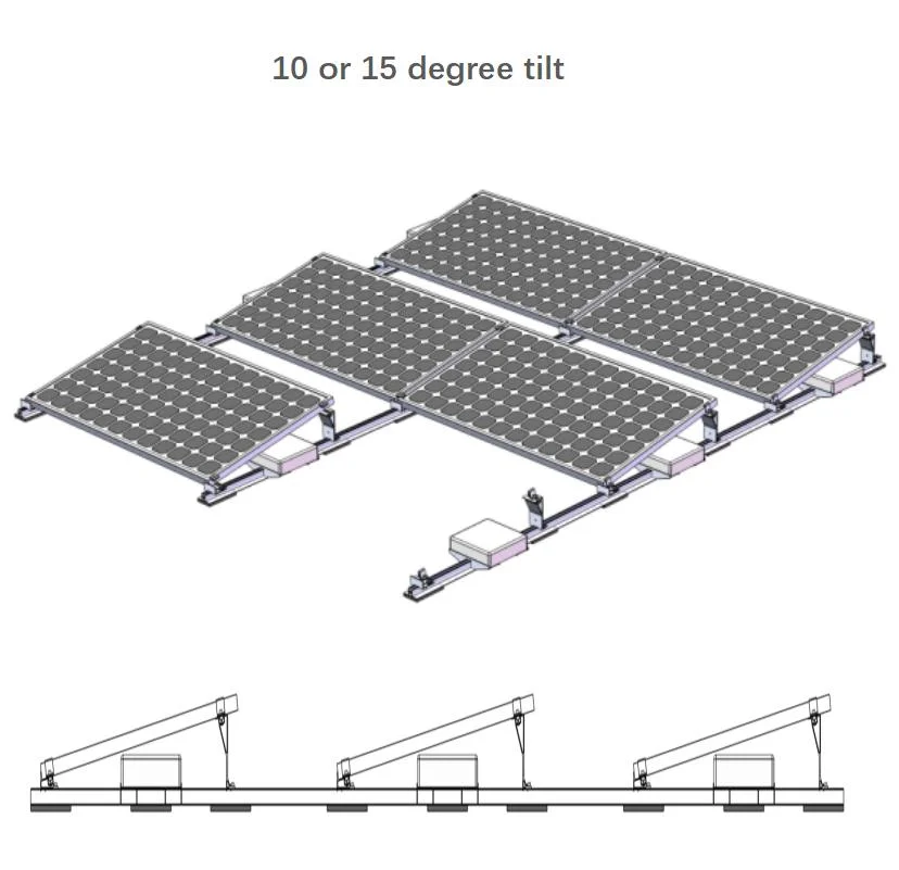 Système de panneaux solaires Structures de supports en aluminium ballastées Montage solaire sur toit plat.