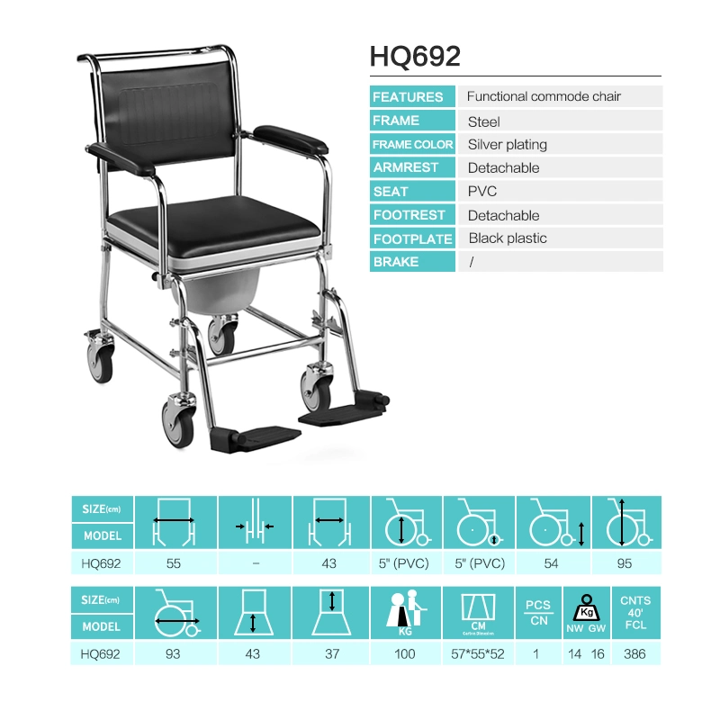 Durable Medical Patient Wheelchair Rehabilitation Therapy Commode Chair