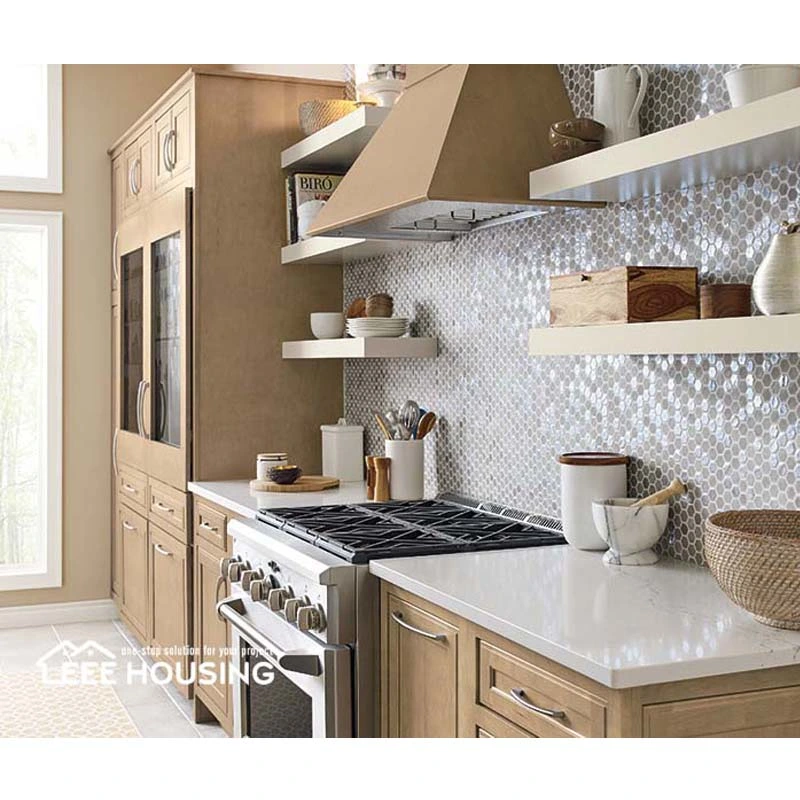 Original Factory Custom-Made on Trend Transitional Warm Tones Kitchen Cabinet with Waterfall Kitchen Countertops