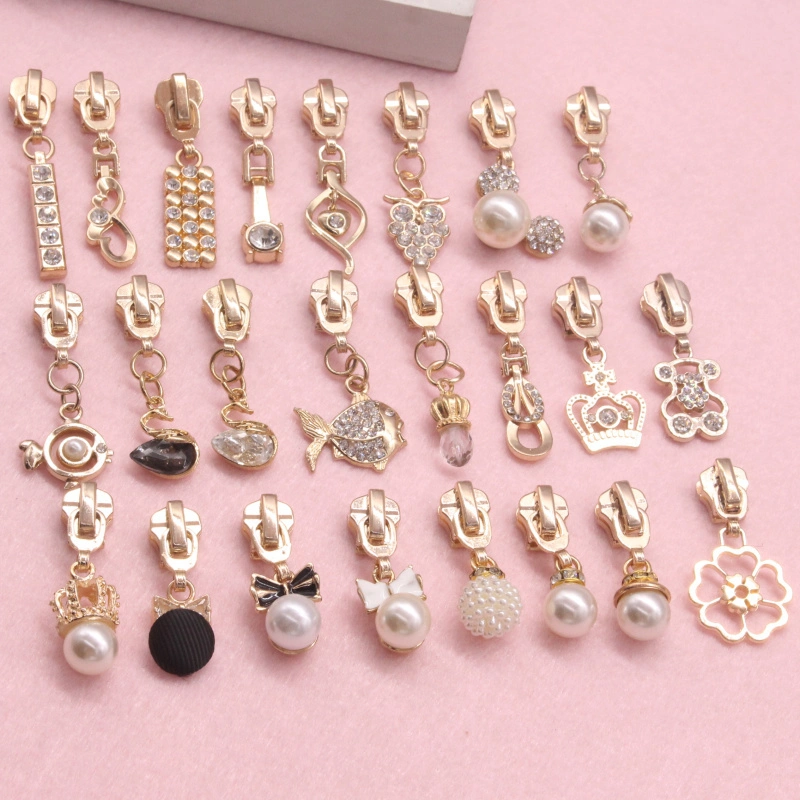 Hot Selling Boutique 5# Metal Zipper Head Diamond Pearl Pull Tab Pendant Zipper Head Slider Zipper Accessories