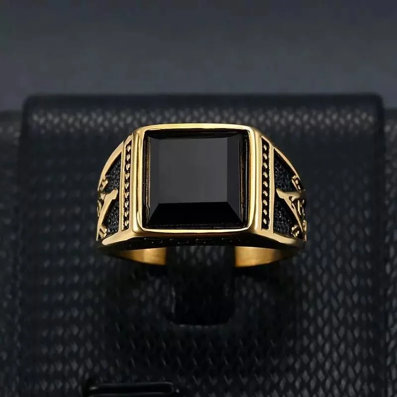 Gold Ring with Black Stone Vintage Bronze Mens Ring